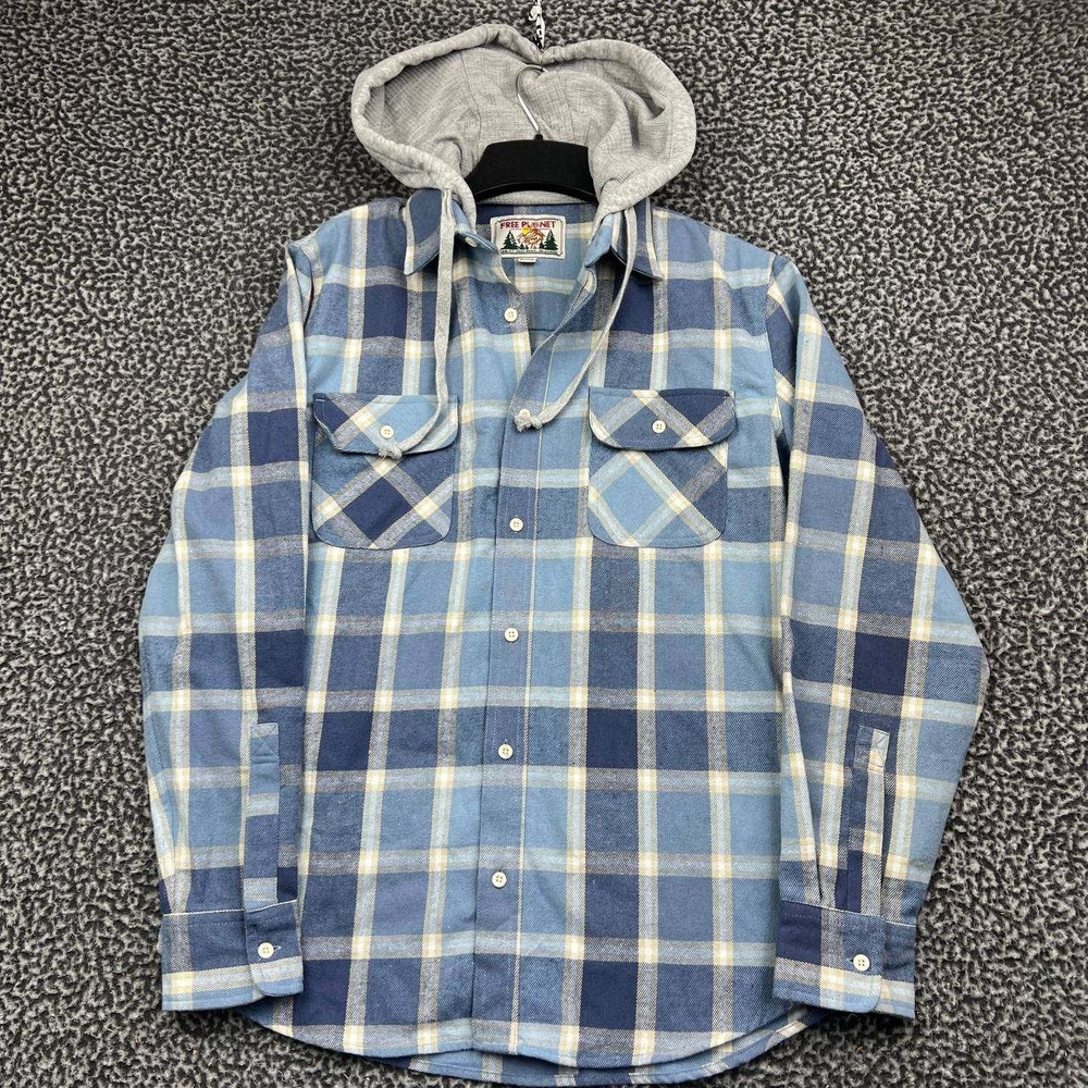 Free Planet Shirt Jacket Men Medium Blue Plaid Hooded Flannel 100% Cotton